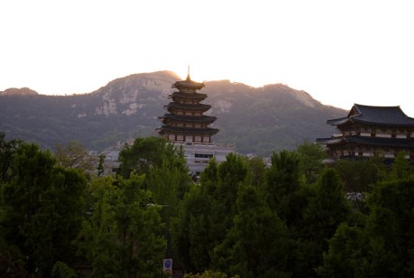 View of Gyeongbok Palace from a coffee shop in Bukchon Hanok Village which is located in Seoul.