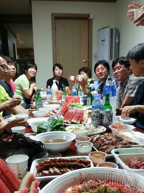 Dinner, round 2, accompanied by many shots of soju and speeches that I didn't understand a word of.