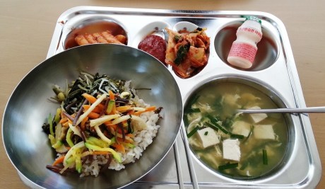 Rice cakes, spicy red pepper paste for the bimbimbap, kimchi, yogurt drink, bibimbap, and tofu, egg and green onion soup.