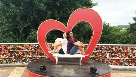 There are so many cheesy photo ops in Korea. This one is at Busan Tower, with confessions of love locked to the fence in the background.