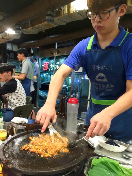 When ordering bokkembap (fried rice), they use the bits of remaining meat, garlic, kimchi and onions that are on the grill and mix it with rice right at your table. They'll usually add dried seaweed as well.