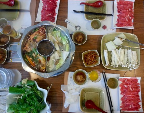 A Chinese version of shabu shabu. We had two different broths at this restaurant, one of which was really spicy. 