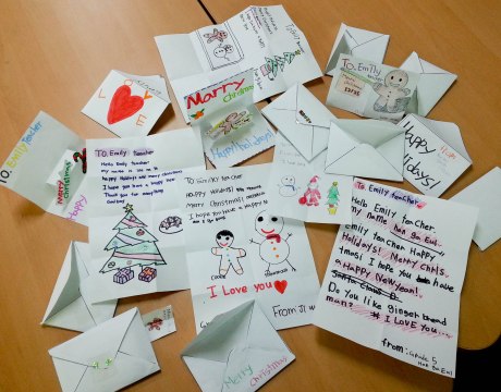 On the last day of classes for the semester at my small school, I had the students make Christmas cards for their parents and homeroom teacher. They surprised me by making them for me instead. So sweet.