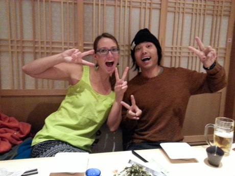 Kinsey and Shun at an izakaya (a Japanese tapas style bar) offering all-you-can-drink for 90 minutes for just $12. It was a fun night.