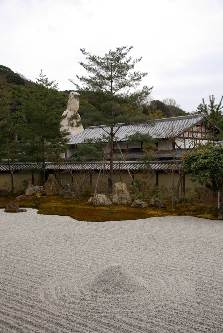 A zen garden with Buddha in the background.